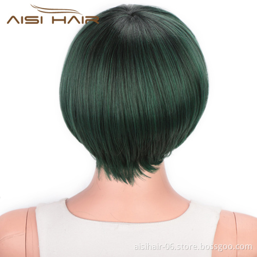 Aisi Hair Green Black Mixed Colors Short Straight Bob Wigs Synthetic Short Straight Bob Wigs For Women